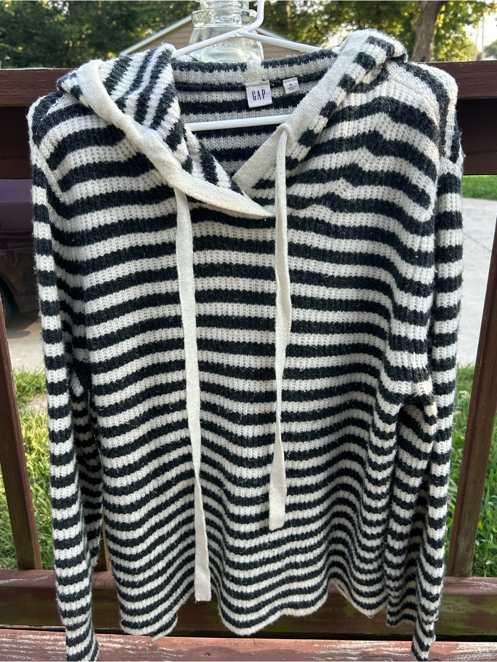 GAP Striped Black and White Hooded Knit Sweater